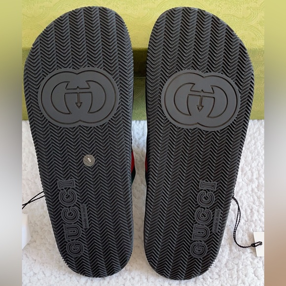 Authentic Gucci Men's Agrado Rubber Double Strap Stripe Slides Sandals - Picture 3 of 16